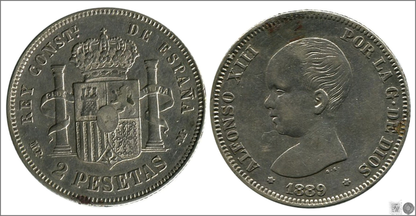 España - 1889 - Alfonso XIII - Nº 00096 - Cara y Cruz - MBC / MBC- - 2 pesetas 1889 (*18*89) MPM Ag