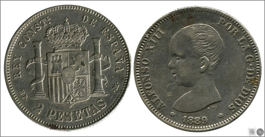 España - 1889 - Alfonso XIII - Nº 00096 - Cara y Cruz - MBC / MBC- - 2 pesetas 1889 (*18*89) MPM Ag