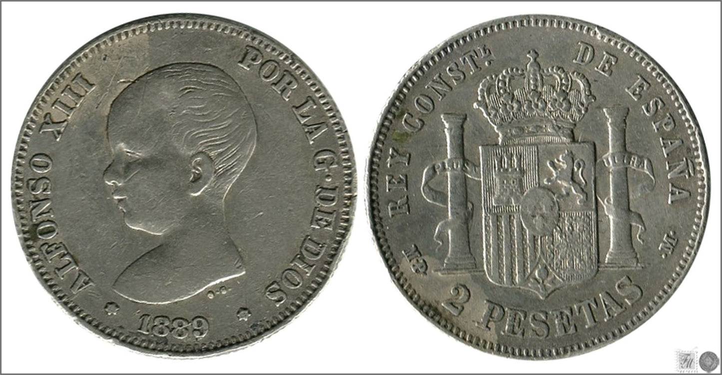 España - 1889 - Alfonso XIII - Nº 00096 - Muy Buena conservación - MBC / VF - 2 pesetas 1889 (*18*89) MPM Ag