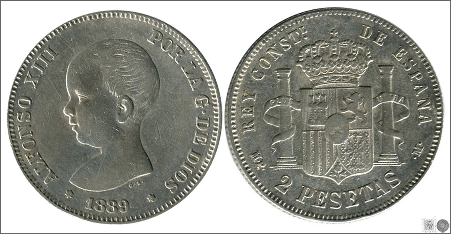 España - 1889 - Alfonso XIII - Nº 00096 - Muy Buena conservación menos - MBC - / VF- - 2 pesetas 1889 (*18*8 ) MPM Ag