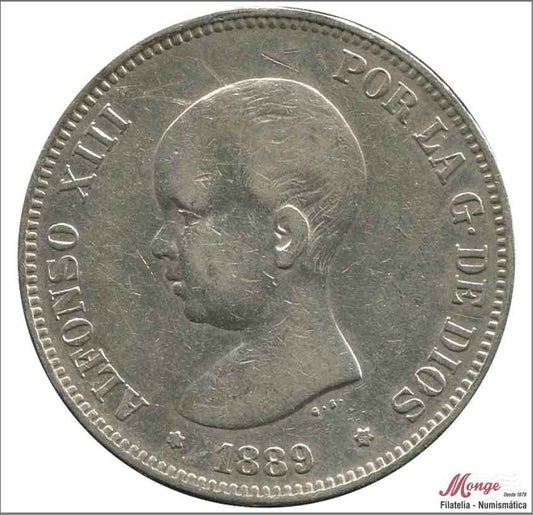 España - 1889 - Alfonso XIII - Nº 00142 - BC / F - 5 pesetas 1889 (*89) MPM- 25 gramos plata - foto generica