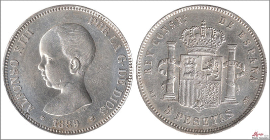 España - 1889 - Alfonso XIII - Nº 00142 - EBC- / XF- - 5 pesetas 1889 (*18*89) MPM - 24,95 gr. plata.