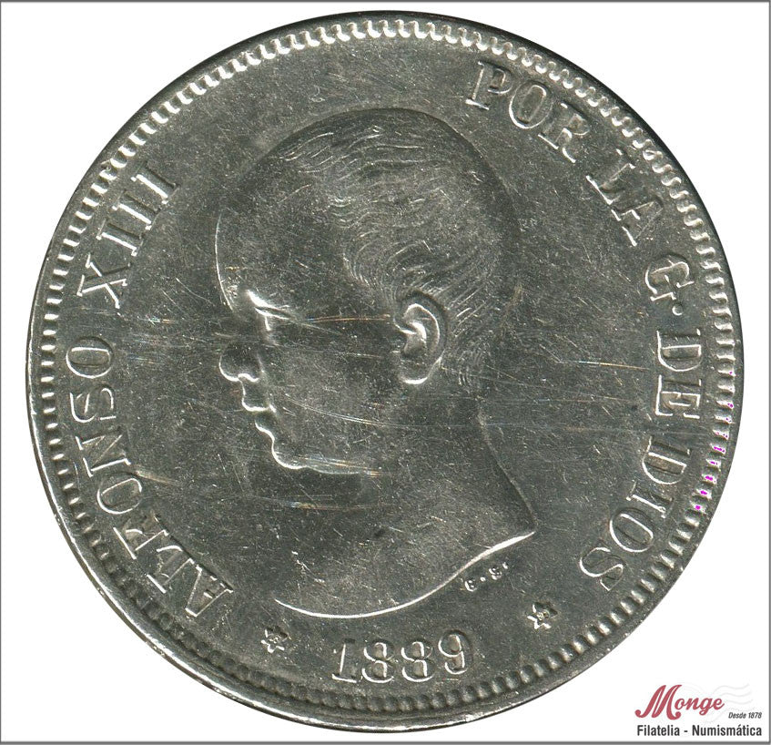 España - 1889 - Alfonso XIII - Nº 00142 - EBC- / XF- - 5 pesetas 1889 (*18*89) MPM - 25 gr. plata