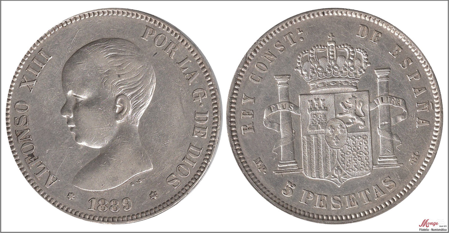 España - 1889 - Alfonso XIII - Nº 00142 - MBC+ / VF+ - 5 pesetas.1889 (*18*89) MPM - 25 gr. plata / Preciosa