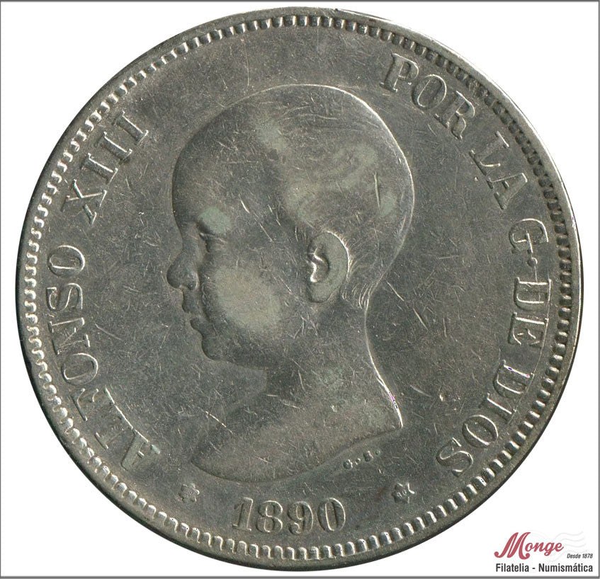 España - 1890 - Alfonso XIII - Nº 00143 - BC / F - 5 pesetas 1890 (*8*90) MPM - 24,80 gr. plata