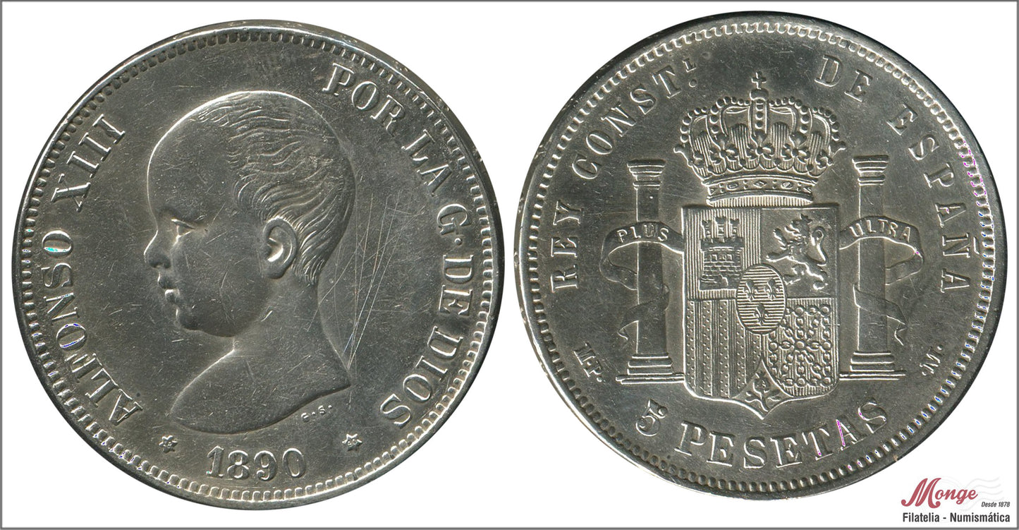 España - 1890 - Alfonso XIII - Nº 00143 - EBC- / XF- - 5 pesetas 1890 (*18*90) MPM - 25 gr. plata rayitas