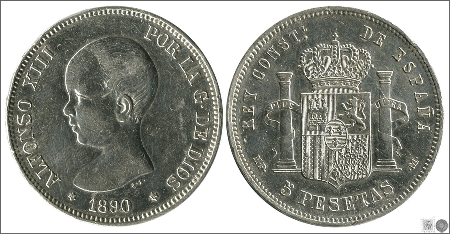 España - 1890 - Alfonso XIII - Nº 00143 - EBC- / XF- - 5 pesetas 1890 (*18*90) MPM - 25 gr. plata