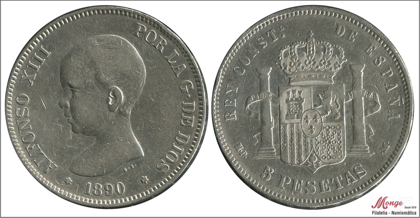 España - 1890 - Alfonso XIII - Nº 00143 - MBC - / VF- - 5 pesetas 1890 (*18*90) MPM - 24,80 gr. plata