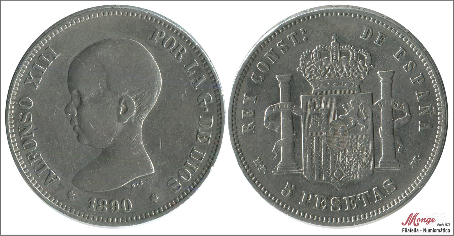 España - 1890 - Alfonso XIII - Nº 00143 - MBC / VF - 5 pesetas 1890 (*18*90) MPM - 25 gr. plata