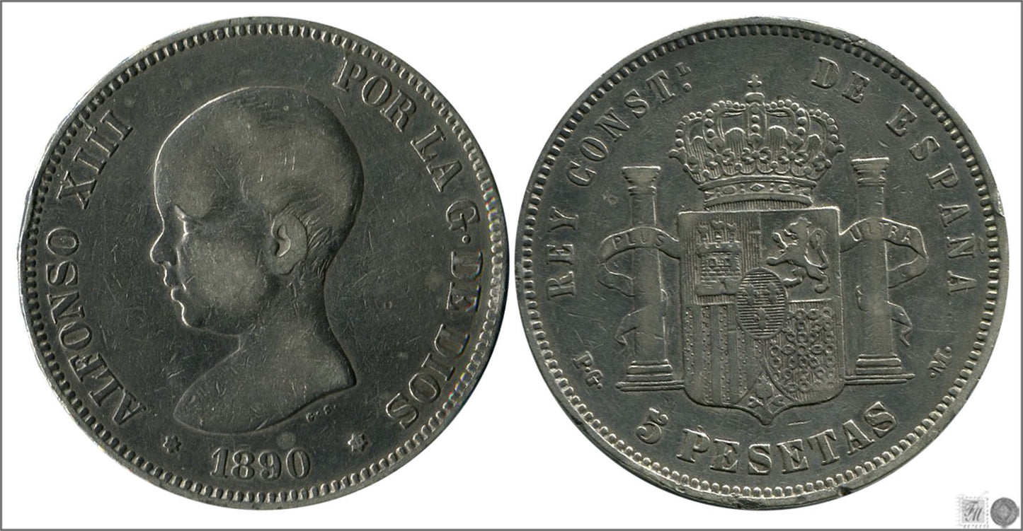 España - 1890 - Alfonso XIII - Nº 00144 - BC / F - 5 pesetas 1890 (*90) PGM - 25 gr. plata foto generica