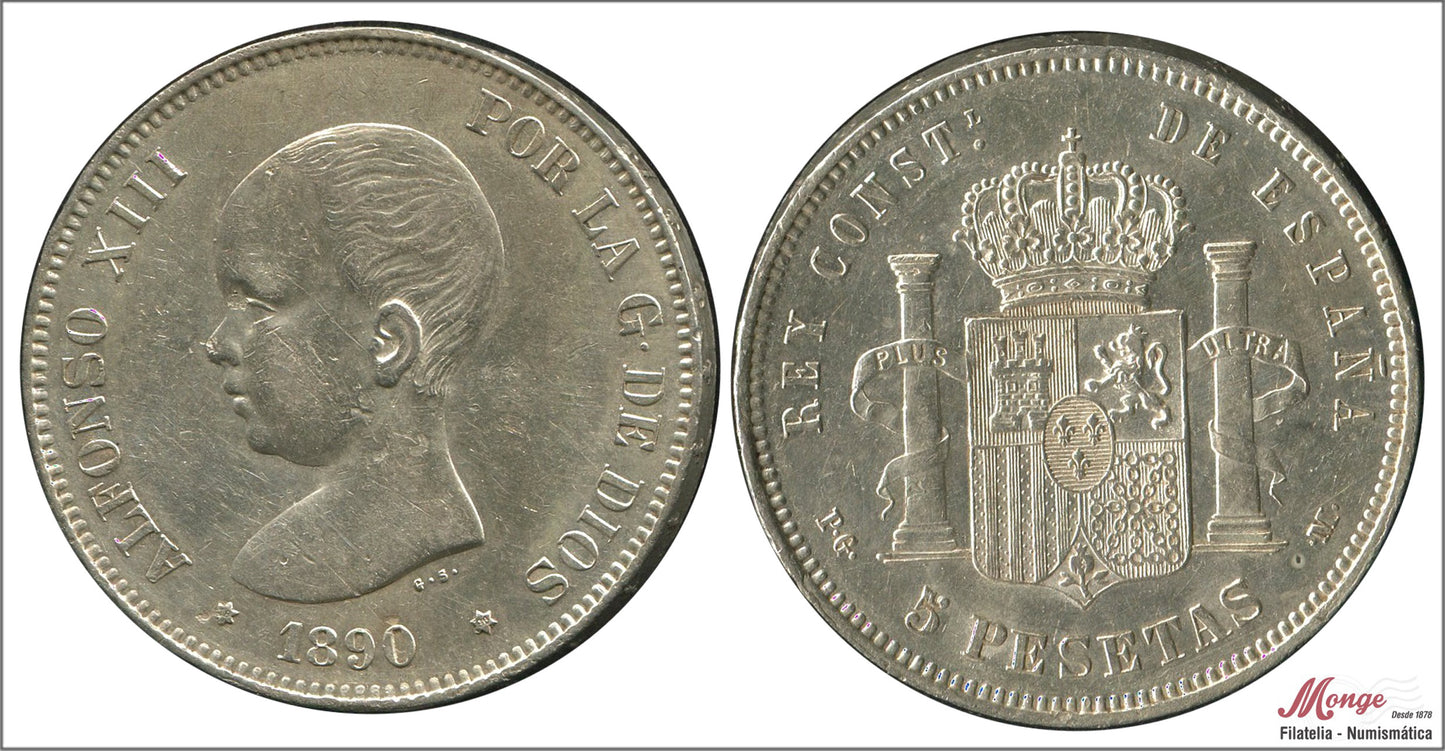 España - 1890 - Alfonso XIII - Nº 00144 - EBC- / EBC - 5 pesetas 1890 (*18*90) PGM - 25 gr. plata