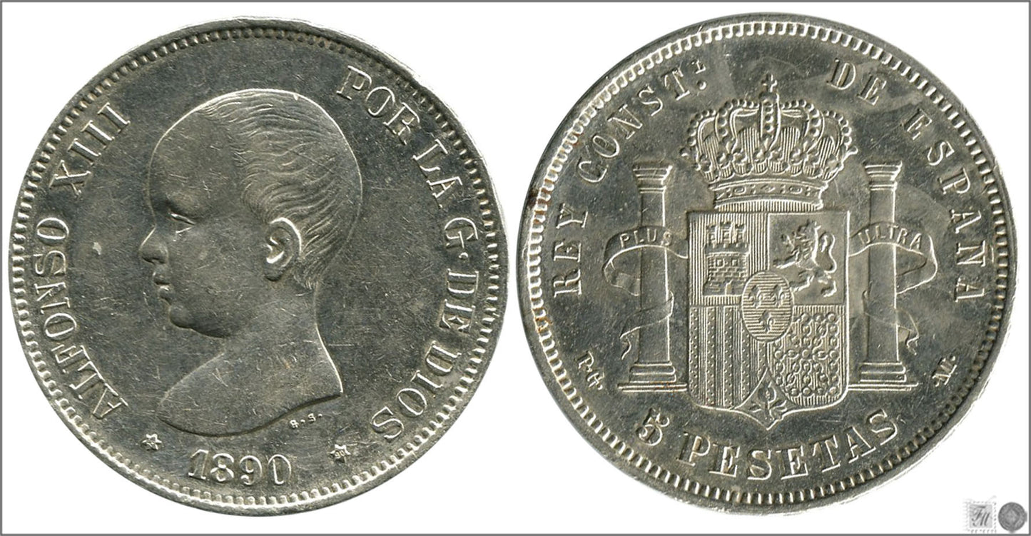 España - 1890 - Alfonso XIII - Nº 00144 - EBC / XF - 5 pesetas 1890 (*18*90) PGM - 25 gr. plata