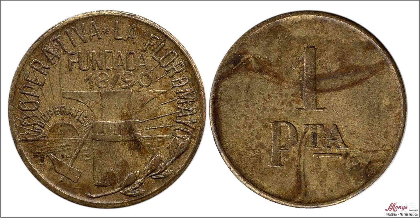 España - 1890 - Cooperativas - Nº AL-1456 - MBC+ / VF+ - 1 peseta/ La Flor de Mayo - Barcelona/ niquel