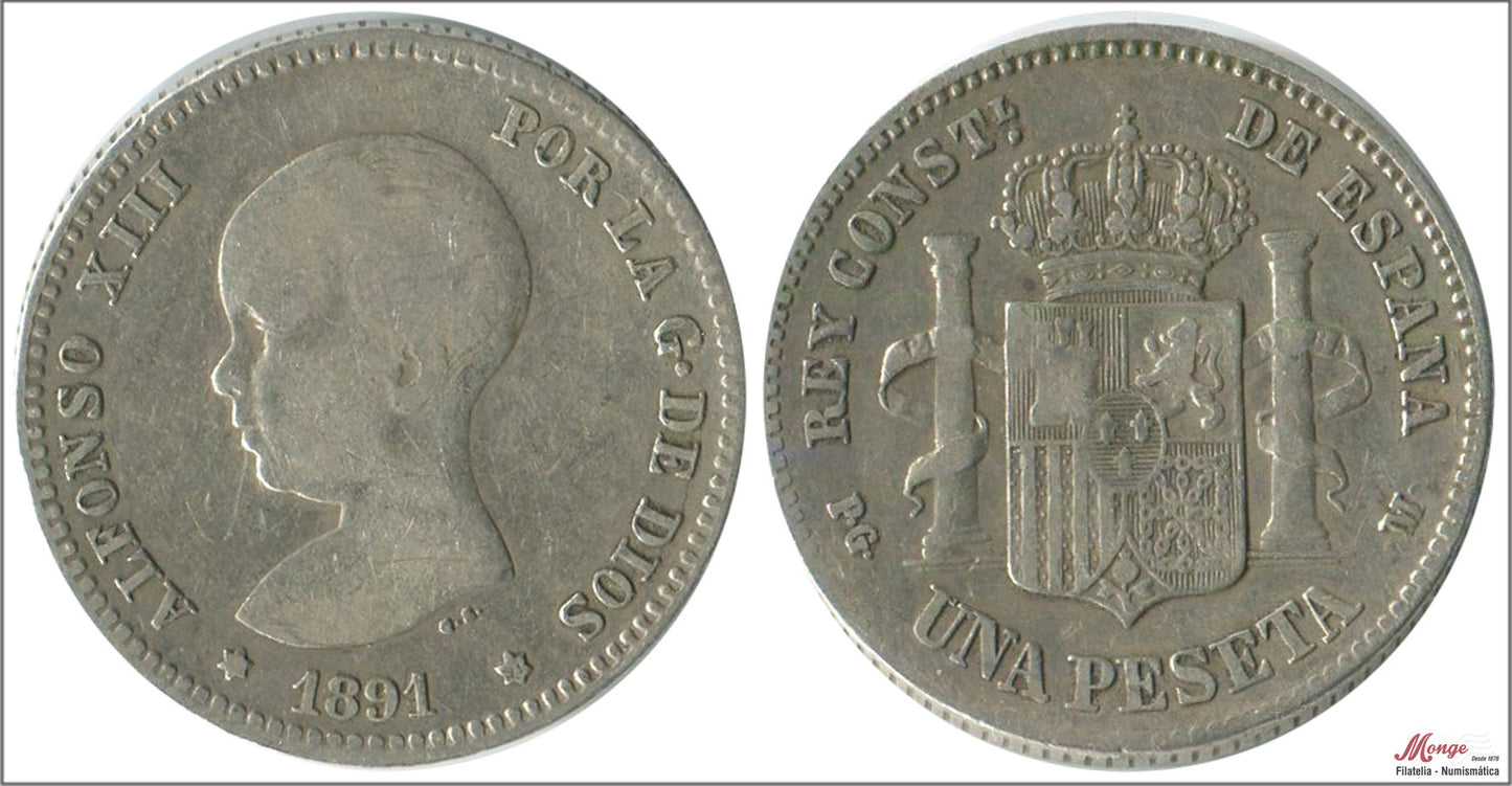 España - 1891 - Alfonso XIII - Nº 00068 - BC / MBC- - 1 peseta 1891 (*91) PGM Ag