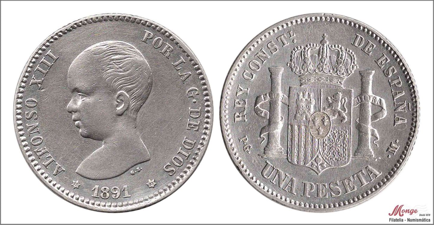 España - 1891 - Alfonso XIII - Nº 00068 - EBC- / XF- - 1 peseta 1891 (*18*91) PGM Ag