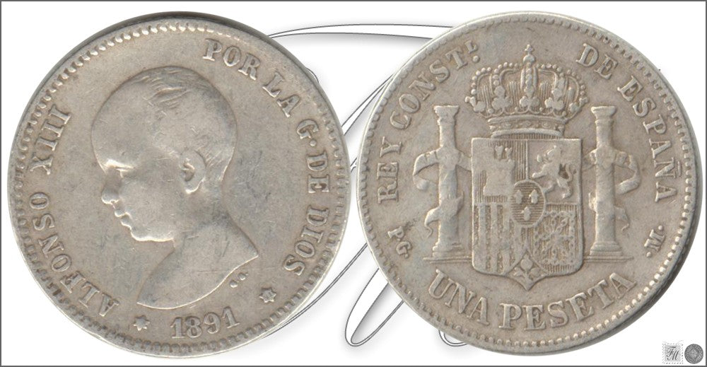 España - 1891 - Alfonso XIII - Nº 00068 - Muy Buena conservación menos - MBC - / VF- - 1 peseta 1891 (*91) PGM