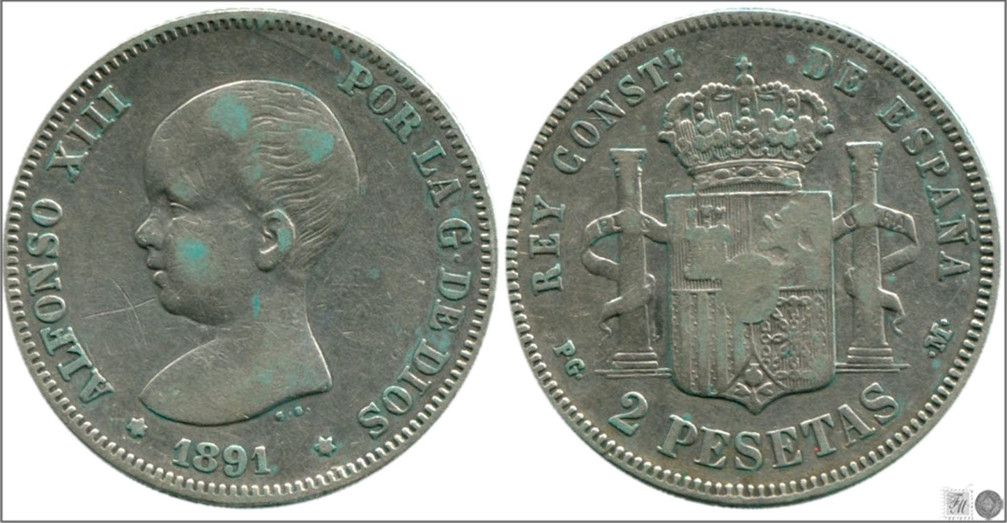 España - 1891 - Alfonso XIII - Nº 00097 - BC / F - 2 pesetas 1891 (*18*1) PGM