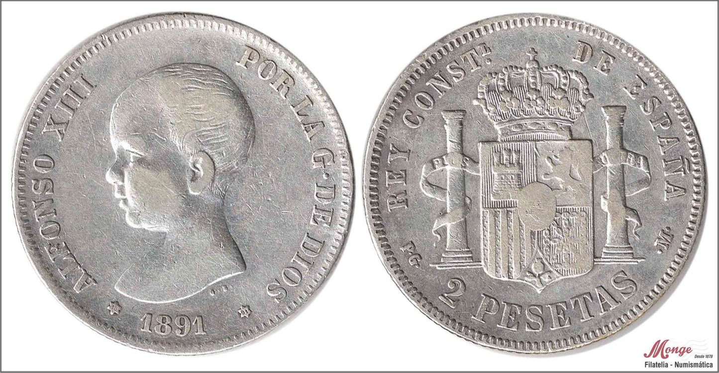 España - 1891 - Alfonso XIII - Nº 00097 - MBC / MBC- - 2 pesetas 1891 (*18*91) PGM