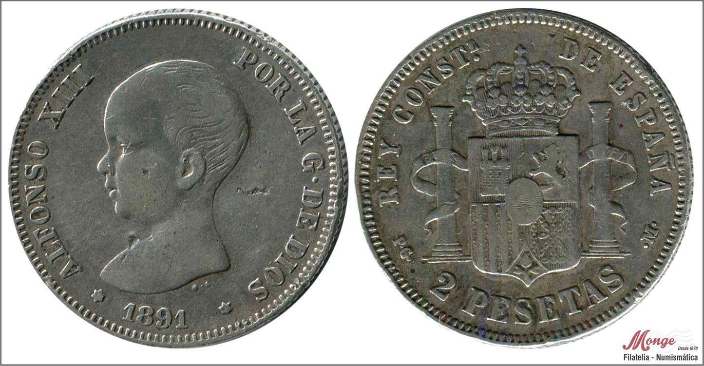 España - 1891 - Alfonso XIII - Nº 00097 - MBC - / VF- - 2 pesetas 1891 (*18*91) PGM