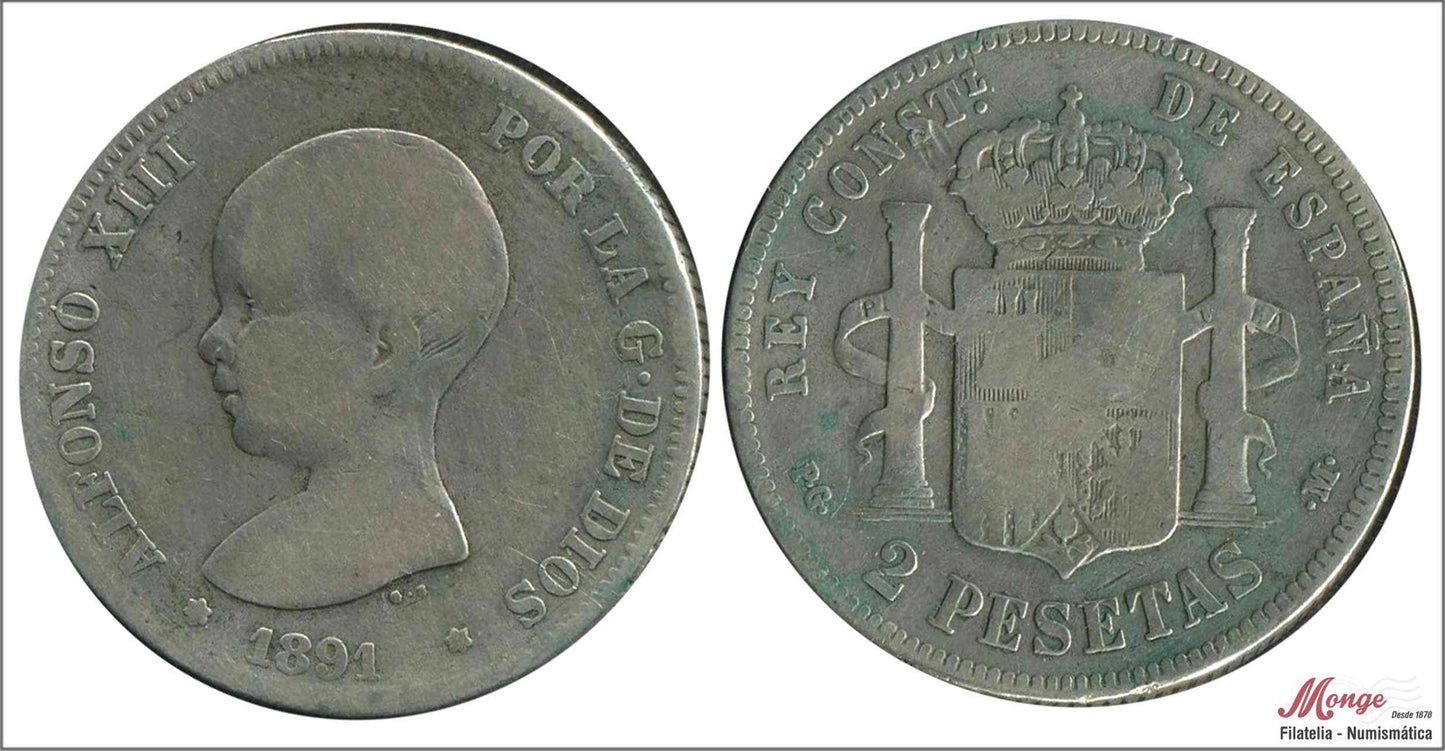 España - 1891 - Alfonso XIII - Nº 00097 - RC / VG - 2 pesetas 1891 PGM Ag