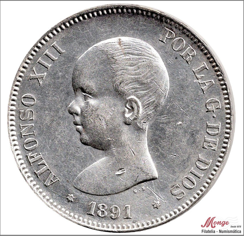 España - 1891 - Alfonso XIII - Nº 00145 - EBC / XF - 5 pesetas 1891 (*18*91) PGM - 25 gr. plata - golpe cuello