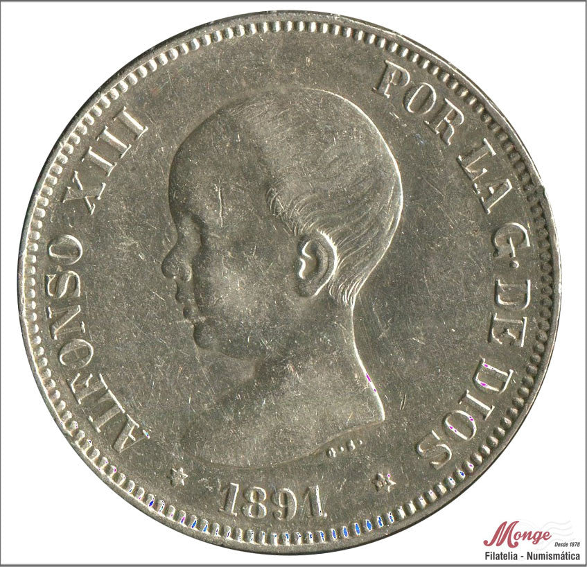 España - 1891 - Alfonso XIII - Nº 00145 - EBC- / XF- - 5 pesetas 1891 (*18*91) PGM - 25 gr. plata oxidaciones