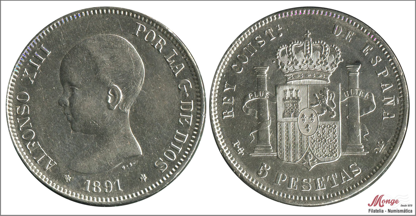 España - 1891 - Alfonso XIII - Nº 00145 - EBC / XF - 5 pesetas 1891 (*18*91) PGM - 25 gr. plata