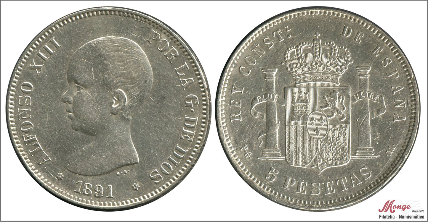 España - 1891 - Alfonso XIII - Nº 00145 - MBC+ / EBC- - 5 pesetas 1891 (*18*91) PGM - 25 gr. plata