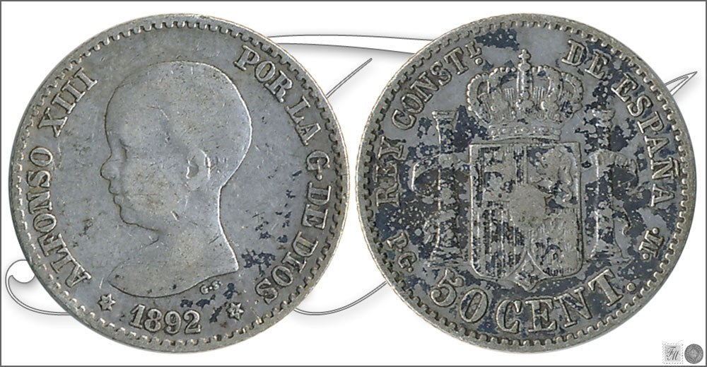 España - 1892 - Alfonso XIII - Nº 00041a - Buena conservación - BC / F - 50 centimos 1892 (*2*2) PGM Ag