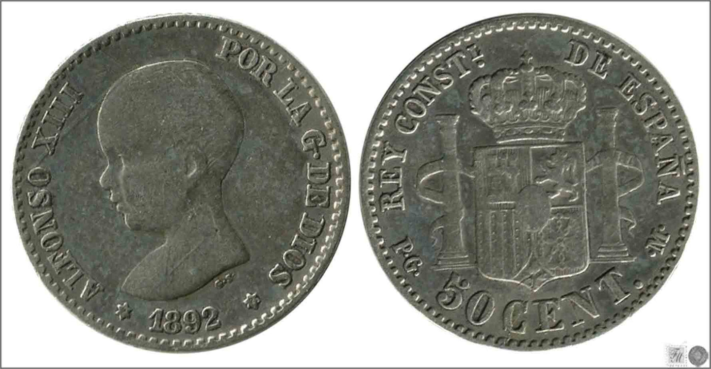 España - 1892 - Alfonso XIII - Nº 00041a - Muy Buena conservación - MBC / VF - 50 centimos 1992 (*2*2) PGM Ag