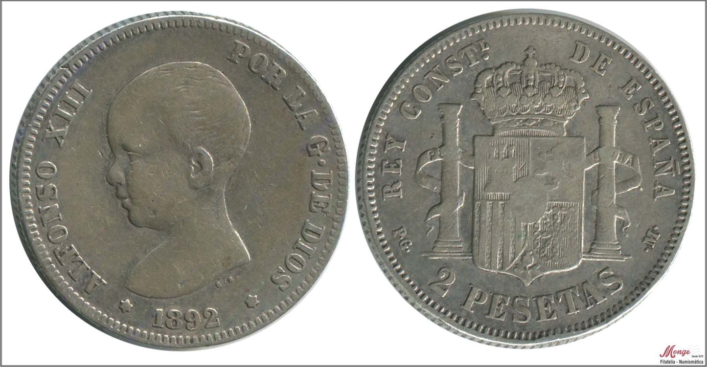 España - 1892 - Alfonso XIII - Nº 00098 - BC / F - 2 pesetas 1892 (*18*92) PGM Ag