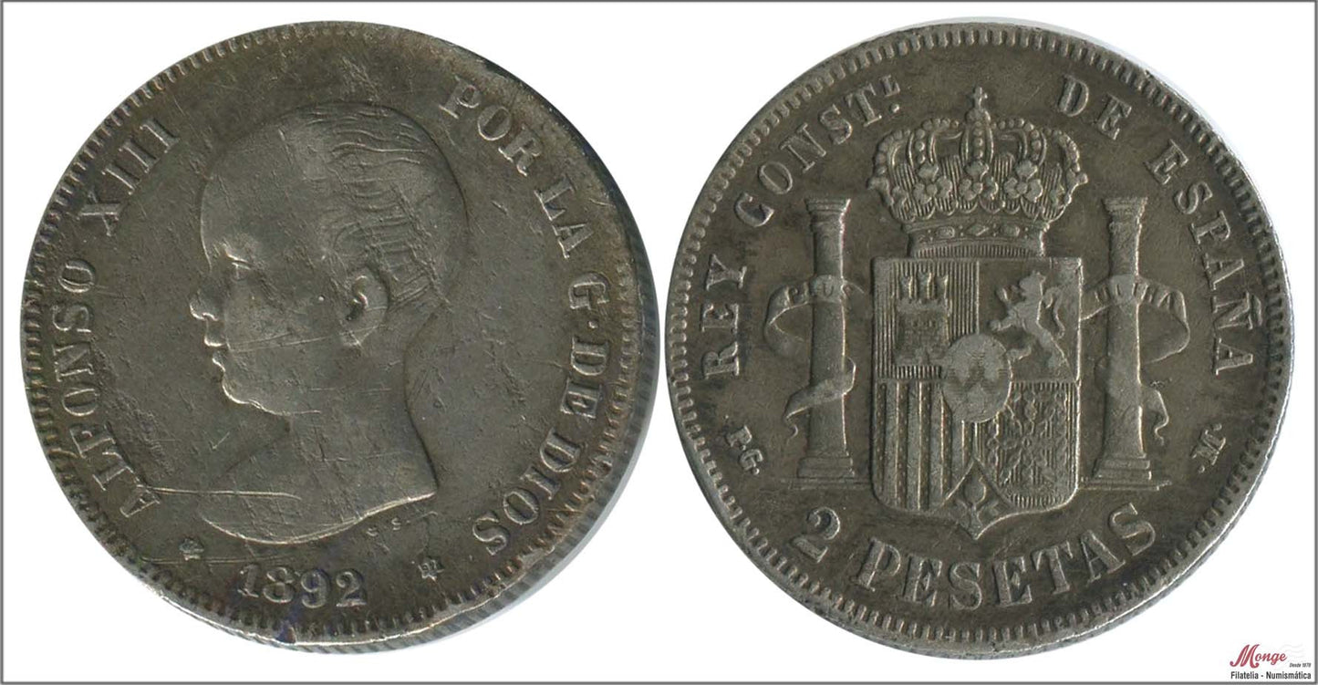 España - 1892 - Alfonso XIII - Nº 00098 - BC / MBC- - 2 pesetas 1892 (*18*92) PGM Ag