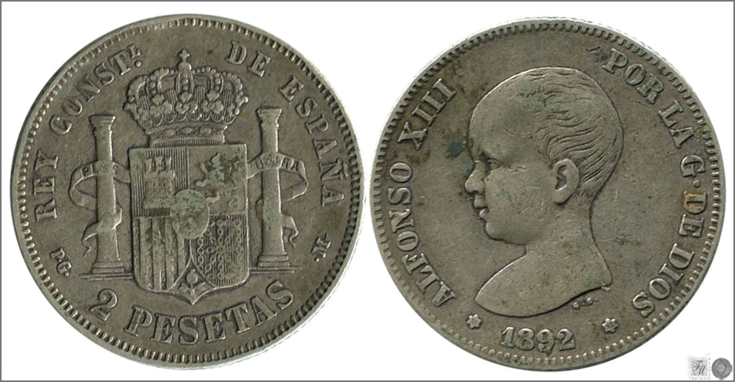 España - 1892 - Alfonso XIII - Nº 00098 - Cara y Cruz - BC+ / BC - 2 pesetas 1892 (*18*92) PGM Ag