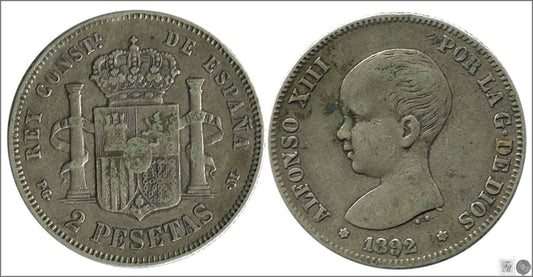 España - 1892 - Alfonso XIII - Nº 00098 - Cara y Cruz - BC+ / BC - 2 pesetas 1892 (*18*92) PGM Ag