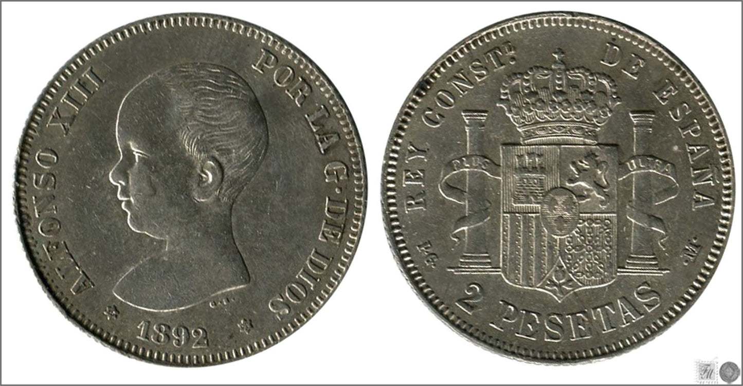 España - 1892 - Alfonso XIII - Nº 00098 - Cara y Cruz - EBC / EBC- - 2 pesetas 1892 (*18*92) PGM Ag