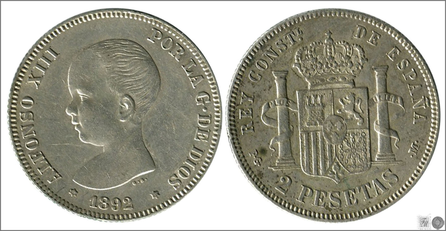 España - 1892 - Alfonso XIII - Nº 00098 - EBC- / MBC+ - 2 pesetas 1892 (*18*92) PGM Ag