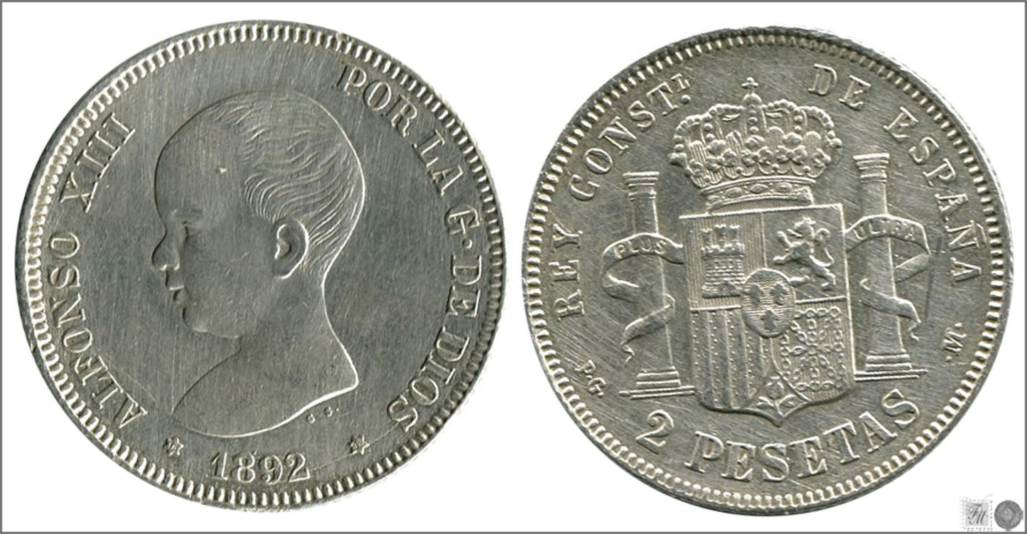 España - 1892 - Alfonso XIII - Nº 00098 - Excelente conservacion - EBC / XF - 2 pesetas 1892 (*18*92) PGM Ag