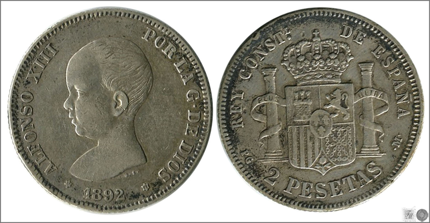 España - 1892 - Alfonso XIII - Nº 00098 - MBC / VF - 2 pesetas 1892 (*18*92) PGM Ag / Foto generica