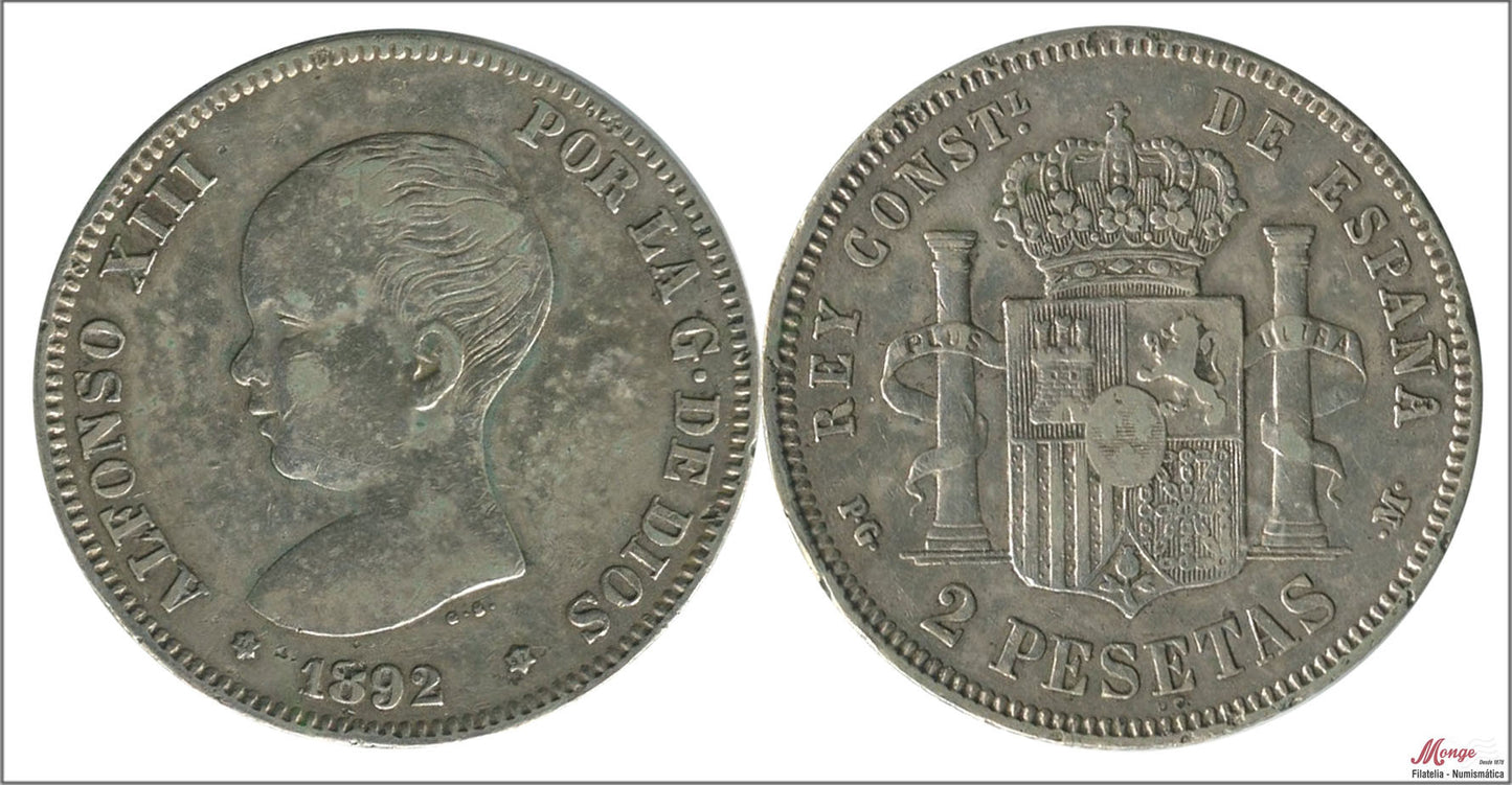 España - 1892 - Alfonso XIII - Nº 00098 - MBC - / VF- - 2 pesetas 1892 (*18*92) PGM Ag