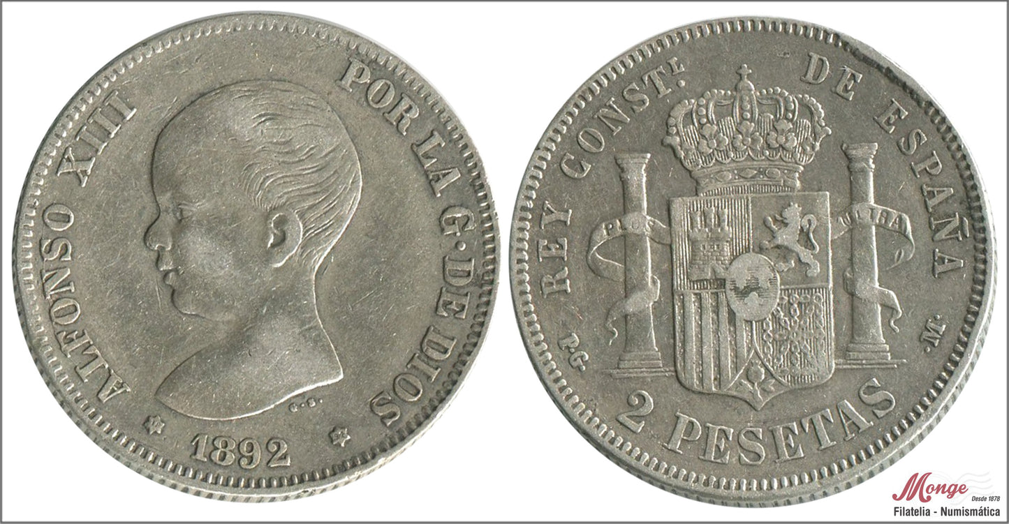 España - 1892 - Alfonso XIII - Nº 00098 - MBC - / VF- - 2 pesetas 1892 (*18*92) PGM