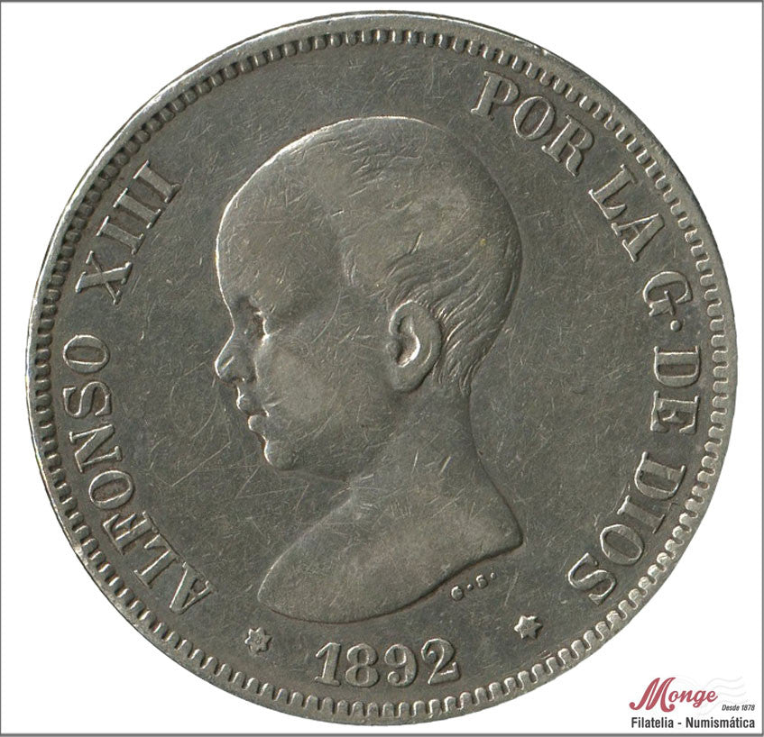 España - 1892 - Alfonso XIII - Nº 00146 - BC / F - 5 pesetas 1892 (*92) PGM - 25 gramos plata - foto generica