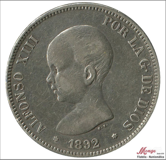 España - 1892 - Alfonso XIII - Nº 00146 - BC / F - 5 pesetas 1892 (*92) PGM - 25 gramos plata - foto generica