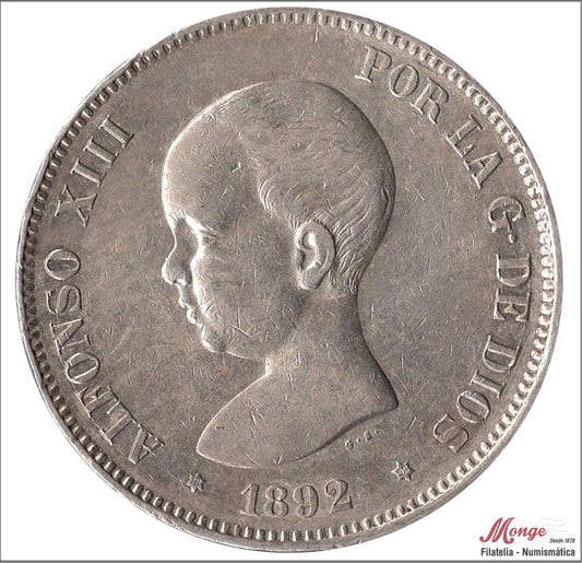 España - 1892 - Alfonso XIII - Nº 00146 - MBC+ / VF+ - 5 pesetas 1892 (*18*92) PGM - 25 gr. plata