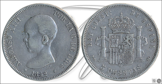 España - 1892 - Alfonso XIII - Nº 00146 - MBC - / VF- - 5 pesetas 1892 (*18*92) PGM Ag