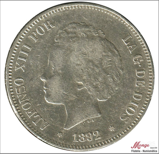 España - 1892 - Alfonso XIII - Nº 00147 - MBC+ / VF+ - 5 pesetas 1892 (*18*92) PGM / 25 gr. plata