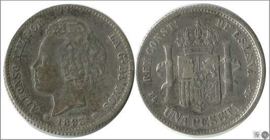 España - 1893 - Alfonso XIII - Nº 00069 - MBC- / BC - 1 peseta 1893 (*18-93) PGL Ag / OCASION