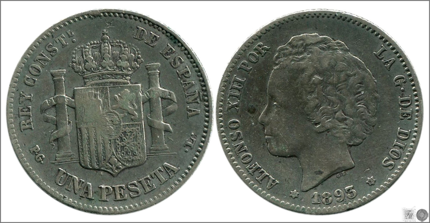 España - 1893 - Alfonso XIII - Nº 00069 - MBC- / BC - 1 peseta 1893 (*18*93) PGL Ag