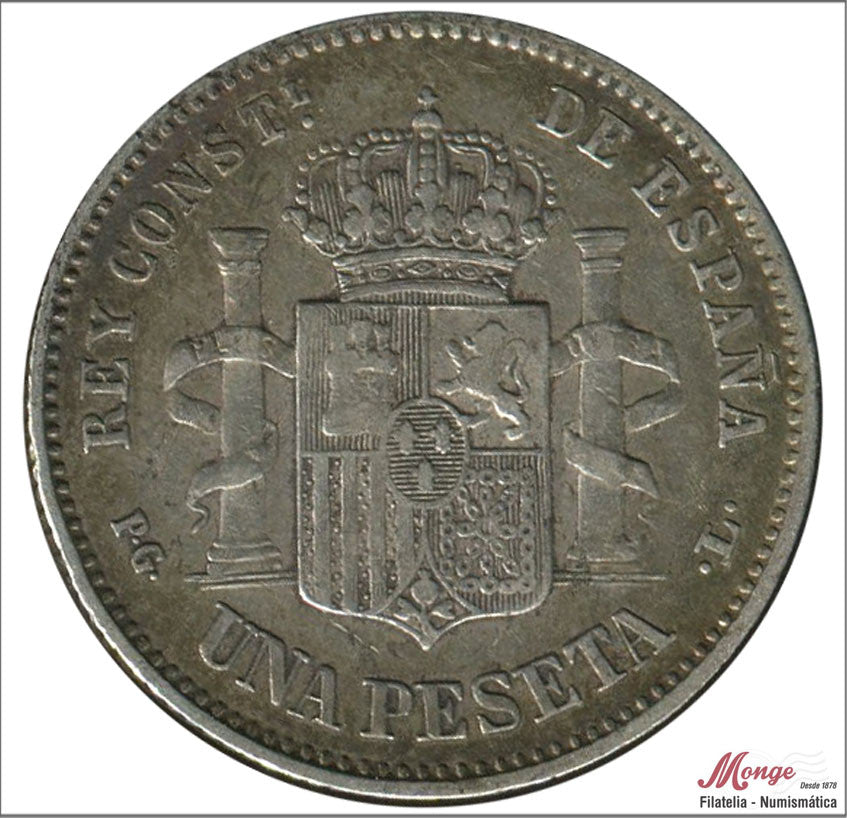 España - 1893 - Alfonso XIII - Nº 00069 - MBC / MBC- - 1 peseta 1893 (*18*93) PGL Ag - Patina