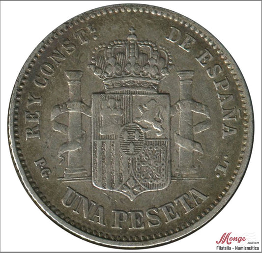 España - 1893 - Alfonso XIII - Nº 00069 - MBC / MBC- - 1 peseta 1893 (*18*93) PGL Ag - Patina