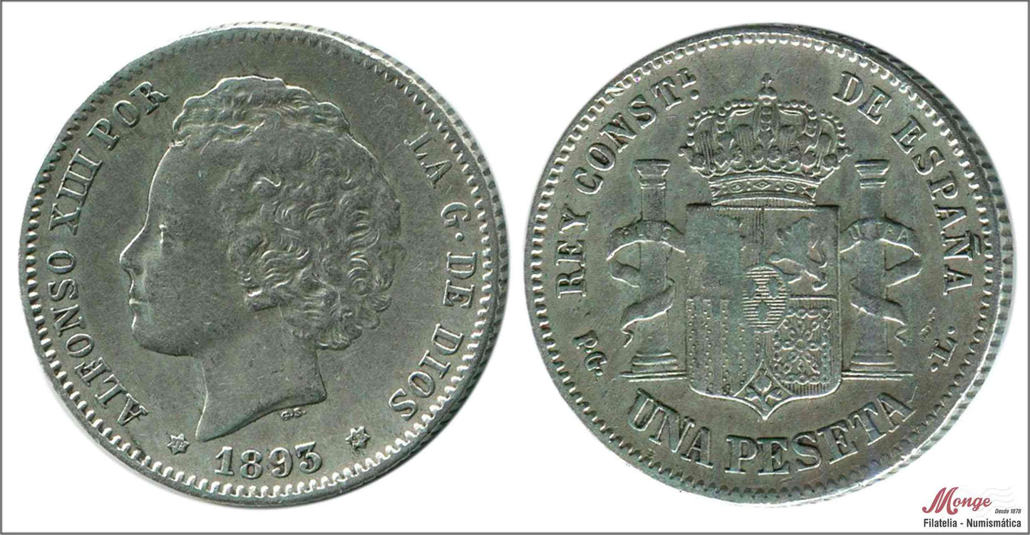 España - 1893 - Alfonso XIII - Nº 00069 - MBC+ / MBC- - 1 peseta 1893 (*18*93) PGL Ag